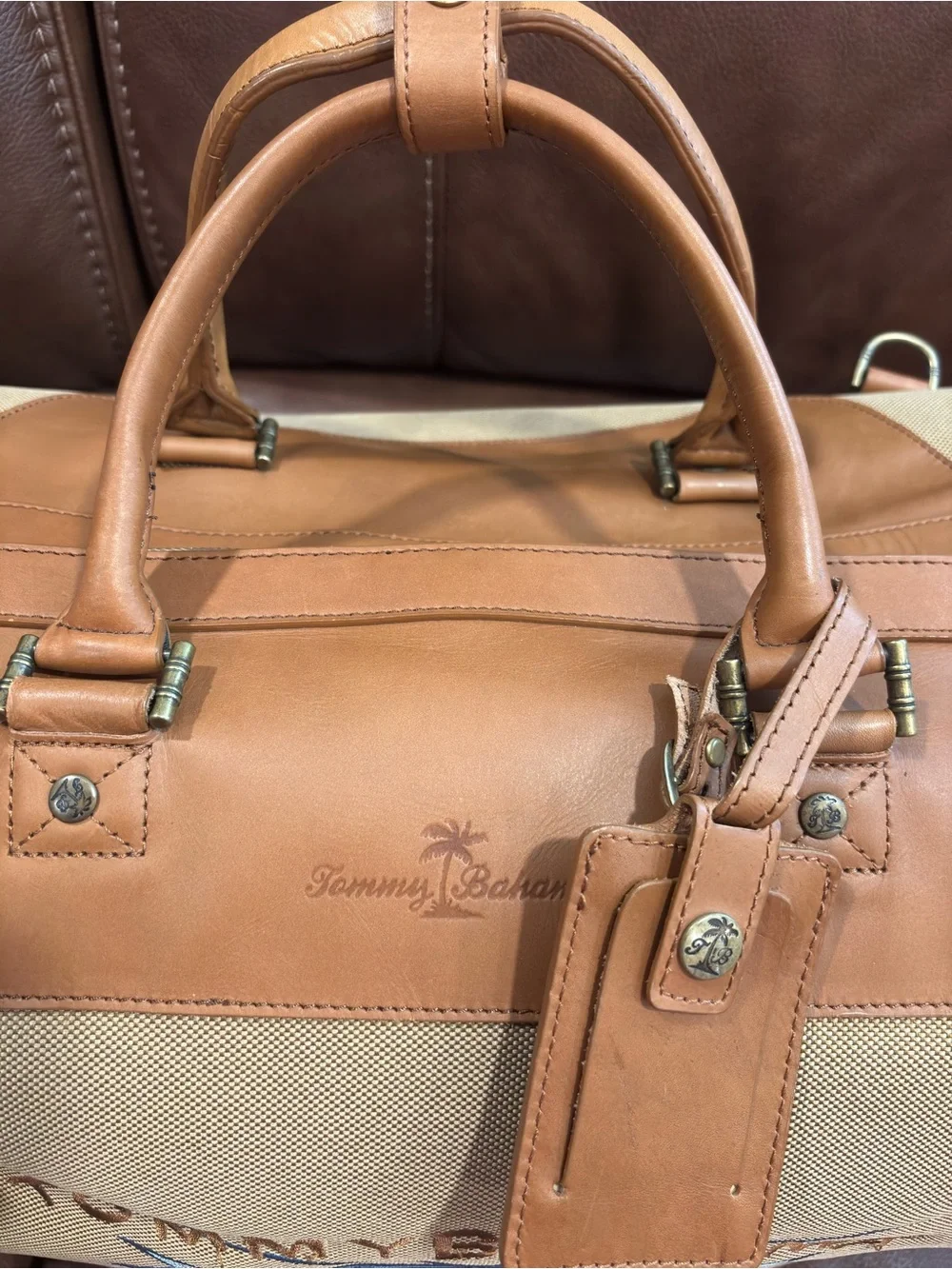 Tommy Bahama Tan Canvas & Leather Weekender Bag with Blue Embroidery Travel